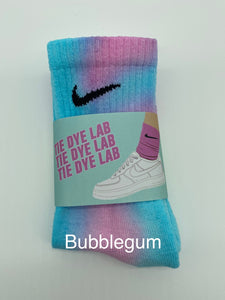 Blue and pink tie dye Nike socks bubblegum